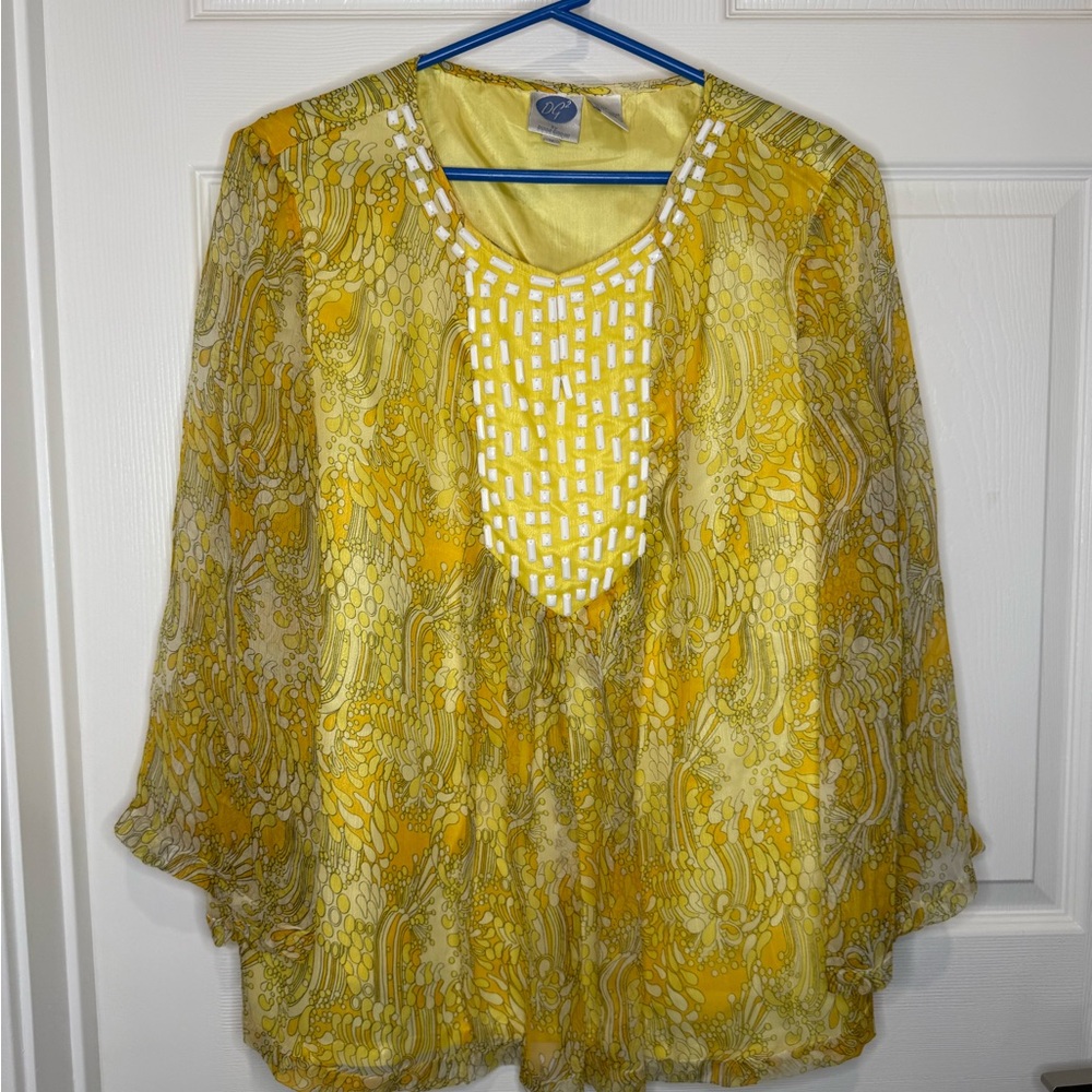 Vintage Diane Gilman Blouse Top Tunic 100% Silk Embroidered Yellow Sz  1XL‎